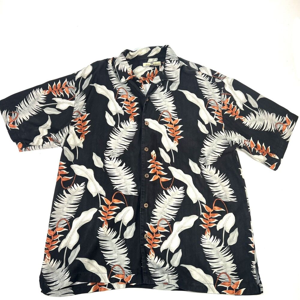 Tommy Bahama Men's 100% Silk Black Orange Floral Casual Button Down Shirt Size L